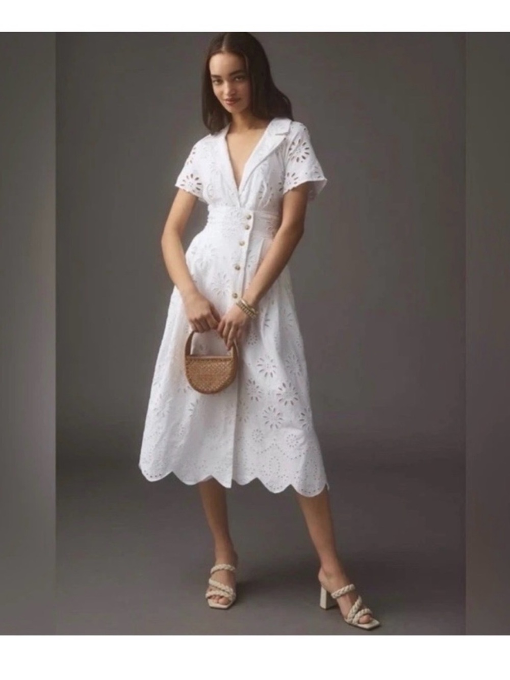 NWT Anthropologie White Eyelet Button-Front Midi Dress
